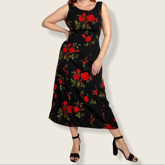 Vintage Studio1 Size 6/8 Red Rose Floating Floral Print Sleeveless Midi Dress - Picture 6 of 13